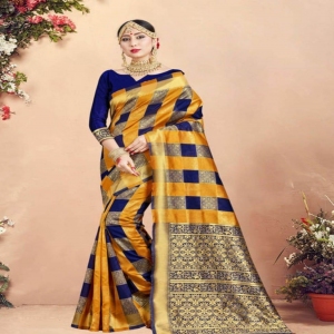Designer Premium Banarasi Lichi Silk Saree Comes With Beautiful Gold and Navy Blue Colored Combination Of  Weaving All Over Saree
