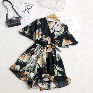 Summer Spring Vintage V-neck Floral Printed Flare Sleeve Ruffles Women Female A-line High Waist Loose Playsuits