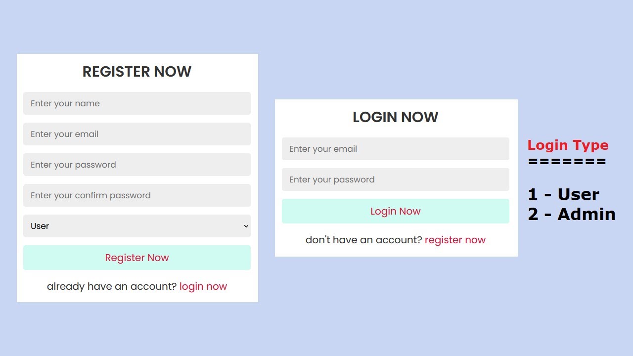 How To Create Register & Login Form with User & Admin Page Using HTML - CSS - PHP - MySQL Database