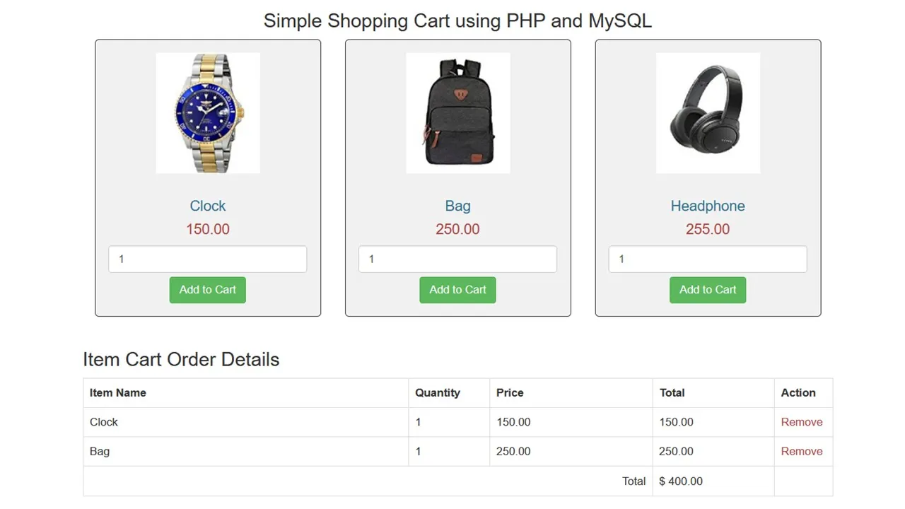Simple Shopping Cart using PHP and MySQL